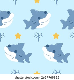 Vector seamless pattern with cute shark.Design for textile, fabric, wrapping, wallpaper, print. Vector illustration