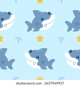Vector seamless pattern with cute shark.Design for textile, fabric, wrapping, wallpaper, print. Vector illustration