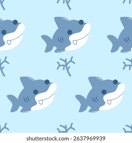 Vector seamless pattern with cute shark.Design for textile, fabric, wrapping, wallpaper, print. Vector illustration