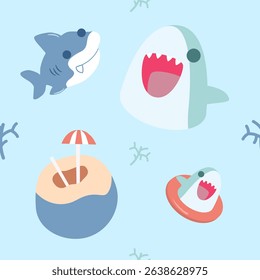 Vector seamless pattern with a cute shark.Design for textile, fabric, wrapping, wallpaper, and print. Vector illustration