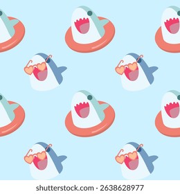 Vector seamless pattern with a cute shark.Design for textile, fabric, wrapping, wallpaper, and print. Vector illustration