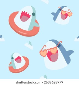 Vector seamless pattern with a cute shark.Design for textile, fabric, wrapping, wallpaper, and print. Vector illustration
