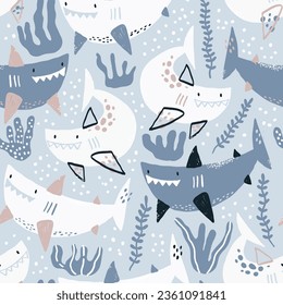 Vector seamless pattern with cute sharks, seaweed and shells on blue background. Funny smiling sharks. Sea, ocean, sea inhabitants. Children's texture with sharks. Funny animals sketch.