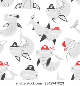 Vector seamless pattern with cute sharks pirates. Funny smiling sharks in pirate costumes.  Sea, ocean, sea inhabitants. Children's texture with sharks. Funny animals sketch.