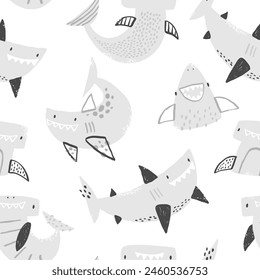 Vector seamless pattern with cute sharks on white background. Funny smiling sharks. Sea, ocean, sea inhabitants. Children's texture with sharks. Funny animals sketch.