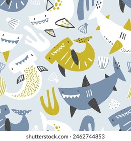 Vector seamless pattern with cute sharks, seaweed and shells on blue background. Funny smiling sharks. Sea, ocean, sea inhabitants. Children's texture with sharks. Funny animals sketch.