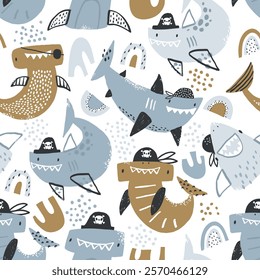 Vector seamless pattern with cute sharks pirates. Funny smiling sharks in pirate costumes.  Sea, ocean, sea inhabitants. Children's texture with sharks. Funny animals sketch.