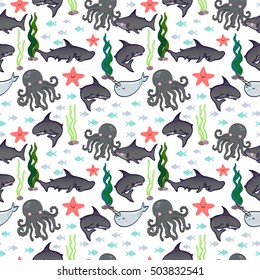 vector seamless pattern with cute sharks, fish, octopus, narwhal, star, seaweed.