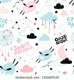 Vector seamless pattern with cute sheep, moon, clouds. Night nursery background. For kids apparel, fabric, textile, wrapping paper, wallpaper, scrapbooking, etc
