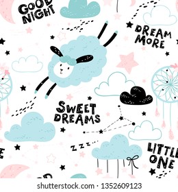 Vector seamless pattern with cute sheep, moon, clouds. Night nursery background. For kids apparel, fabric, textile, wrapping paper, wallpaper, scrapbooking, etc