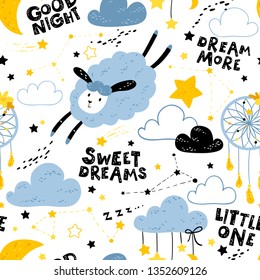 Vector seamless pattern with cute sheep, moon, clouds. Night nursery background. For kids apparel, fabric, textile, wrapping paper, wallpaper, scrapbooking, etc