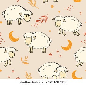 Vector seamless pattern with cute sheep, moon, star and leaves. Beige children's repeated texture.