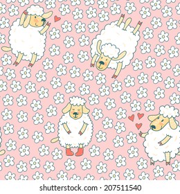 Vector seamless pattern with cute sheep and flowers. Pink hand drawing seamless texture with funny cartoon characters.