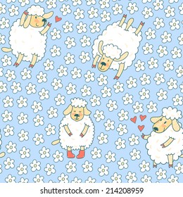 Vector seamless pattern with cute sheep and flowers. Blue hand drawing seamless texture with funny cartoon characters.