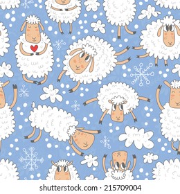 Vector seamless pattern with cute sheep and snowflakes. Seamless pattern can be used for wallpaper, pattern fills, web page backgrounds, surface textures.