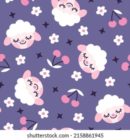 Vector seamless pattern with cute sheep, cherry berries and flowers. Spring repeated texture with cartoon characters. Childish print with lambs for kids fabric and wrapping paper. Scandinavian style.