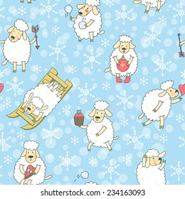 Vector seamless pattern with cute sheep. New year background with animals and snowflakes. Christmas holiday backdrop. Beautiful hand drawing cartoon characters on the winter background.