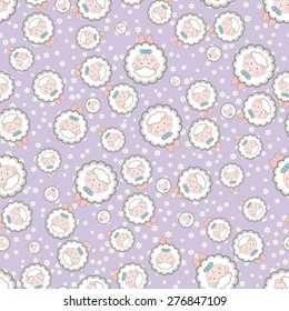 Vector seamless pattern with cute sheep on violet background with simple chamomile