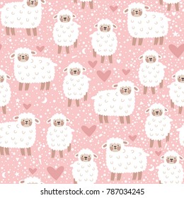 Vector seamless pattern with cute sheep, heart, star and dots. Pink childish repeated texture with smiling cartoon character.