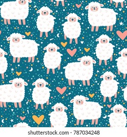 Vector seamless pattern with cute sheep, heart, star and dots. Blue childish repeated texture with smiling cartoon character.