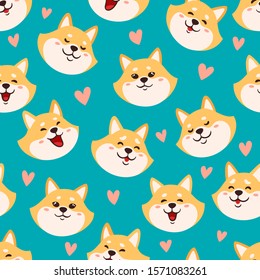 Vector seamless pattern with cute shiba inu heads on blue backround. Colorful cartoon japan dog and heart foe valentines day used for magazine, stickers, cards.