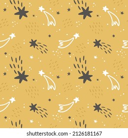 vector seamless pattern, cute shooting stars and comets on yellow background, cute print for kids