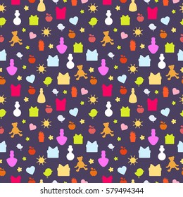 Vector seamless pattern with cute silhouettes of birds, presents, apples, bottles, flowers and hearts. Cartoon objects on a dark background. Bright wrapping paper.