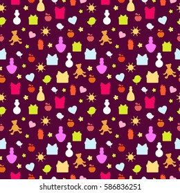 Vector seamless pattern with cute silhouettes of birds, presents, apples, bottles, flowers and hearts. Cartoon objects on a dark background. Bright wrapping paper.