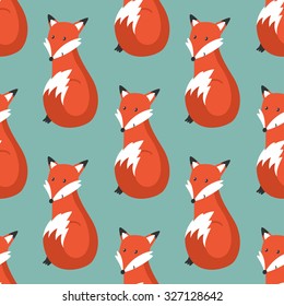 Vector seamless pattern with cute sitting foxes. Childish background with cartoon character. Repeating texture with smiling animals.