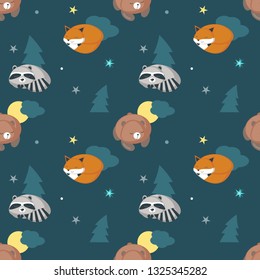 Vector seamless pattern with cute sleeping raccoon, fox and bear, night starry sky. Funny sleeping animals background, wallpaper, fabric, wrapping paper.