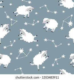 Vector seamless pattern with cute sleeping sheeps flying on starry sky