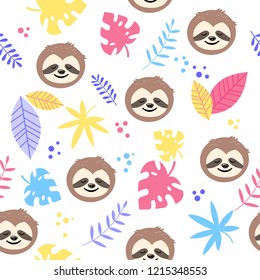 Vector seamless pattern with cute sloth face and colorful tropical leaves