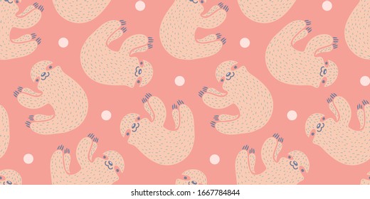 Vector seamless pattern with cute sloth. Vector pattern with sloth superhero and dots.