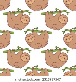 Vector seamless pattern with a cute sloth on a white background. Animal character illustration hand drawn.