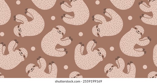 Vector seamless pattern with cute sloth in trendy Mocha Mousse color. Vector pattern with sloth superhero and dots.