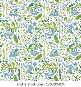 Vector seamless pattern with cute sloths and floral element. Bright childish texture with funny animals, palm leaves, flowers. Print for kids textile.