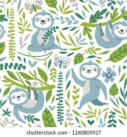 Vector seamless pattern with cute sloths and floral element. Bright childish texture with funny animals, palm leaves, flowers. Print for kids textile.