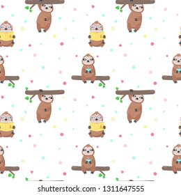 Vector seamless pattern with cute sloths hanging down from tree branch, reading book, drinking tea. Lazy jungle cartoon characters. Funny sloth background, wallpaper, fabric, wrapping paper.