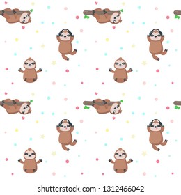Vector seamless pattern with cute sloths hanging upside down from tree branch, sitting in yoga position, listening to music. Funny sloth background, wallpaper, fabric, wrapping paper.