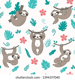 Vector seamless pattern with cute sloths in different positions. Cartoon funny kawaii characters. Can be used for cards, flyers, poster, t-shirt.