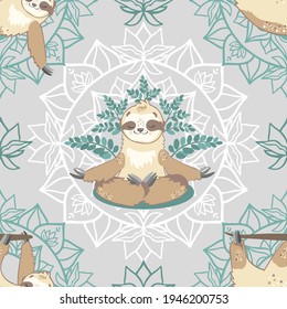 Vector seamless pattern cute sloths on the background of round ornaments of mandalas. Sloth bear practices yoga. Yoga and meditation. Design for printing on textiles, packaging, paper, wallpaper. 