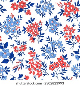 Vector seamless pattern. Cute pattern in small flowers. Small red and blue flowers. White background. Ditsy floral background. The vintage template for fashion prints. Stock vector.