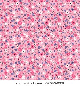 Vector seamless pattern. Cute pattern in small flowers. Small white, lilac and pink flowers. Light rose pink background. Ditsy floral background. Elegant template for fashion prints. Stock vector.