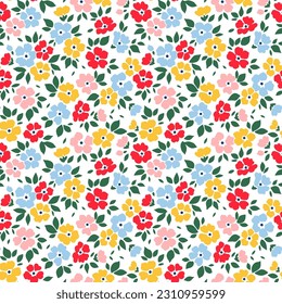 Vector seamless pattern. Cute pattern in small flowers. Small multicolor flowers. White background. Ditsy floral background. Vintage stylish template for fashion prints. Stock vector.