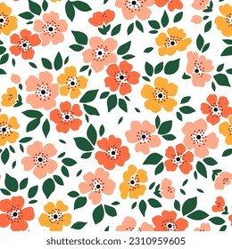 Vector seamless pattern. Cute pattern in small flowers. Small orange and yellow flowers. White background. Ditsy floral background. Trendy template for fashion prints. Stock vector.