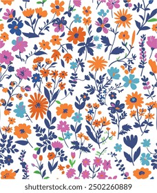 Vector seamless pattern. Cute pattern in small flowers. Small colorful flowers. White background. Ditsy floral background. The vintage template for fashion prints. Stock vector.