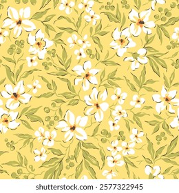 Vector seamless pattern. Cute pattern in small flowers. Small white flowers. Yellow background. Ditsy floral background.  Vintage template for fashion prints. Stock vector.