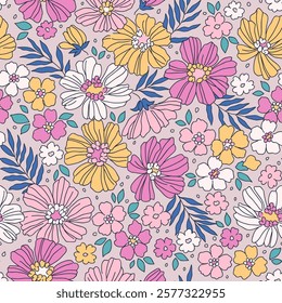 Vector seamless pattern. Cute pattern in small flowers. Small colorful flowers. Pale pink background. Ditsy floral background. Tropic template for fashion prints. Stock vector.