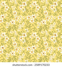 Vector seamless pattern. Cute pattern in small flowers. Small white flowers. Yellow background. Ditsy floral background. Vintage template for fashion prints. Stock vector..
