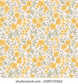 Vector seamless pattern. Cute pattern in small flowers. Small yellow flowers. White background. Ditsy floral background. Vintage template for fashion prints. Stock vector.